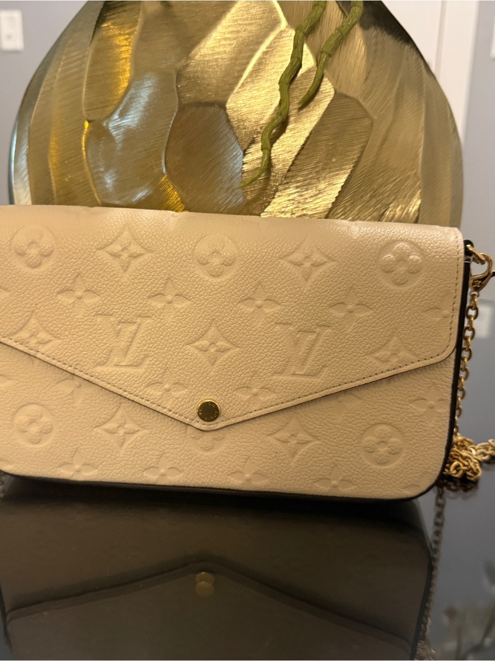 Louis Vuitton Cream Embossed Monogram Envelope Crossbody with Gold Chain